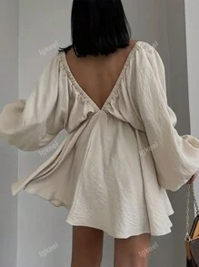Plus Size Spring/Autumn Deep V-Neck Batwing Sleeve Solid Color Minimalist Dress