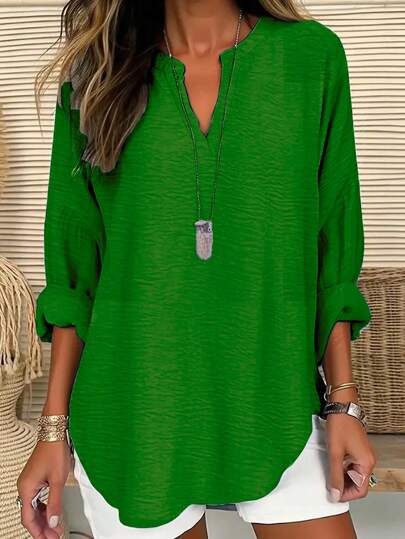 Plus Notched Neckline Curved Hem Blouse Fall Cloth For Women