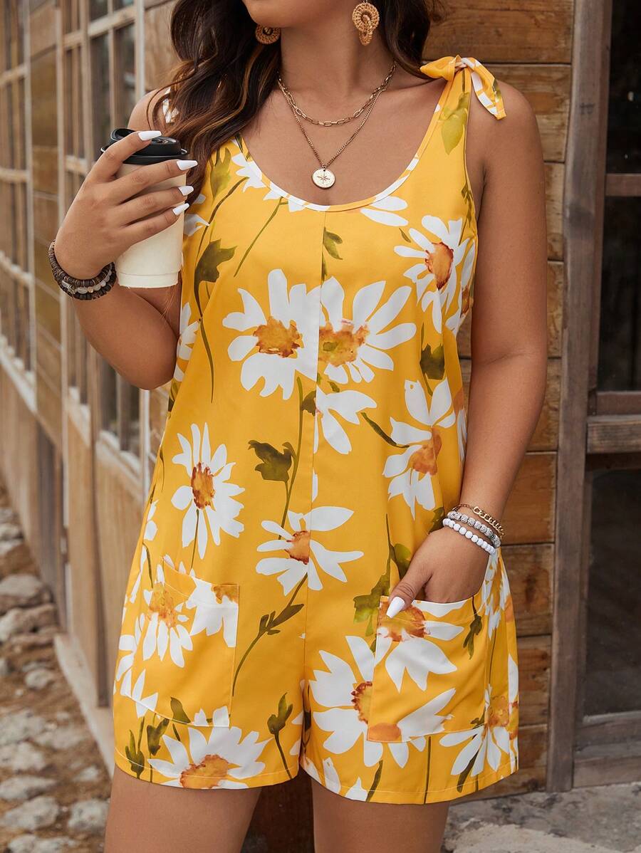 SHEIN LUNE 大码女式花卉印花度假风格宽肩带连体衣，适合夏季 - 黃色 - 查看 1