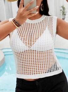 SHEIN Clasi Plus Size Women Solid Color Hollow Out Knit Sleeveless Sweater With Round Neckline - White - View 1