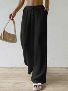 SHEIN EZwear 女士春夏休闲纯色灯芯绒抽绳腰阔腿长裤 - 黑色 - 查看 4
