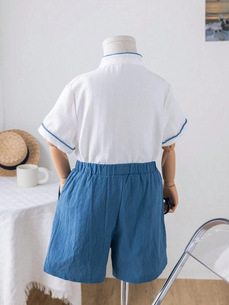 Young Boy's Elegant Woven Stand Collar Bowtie Short Sleeve Shirt And Shorts Set, Gentleman Style
