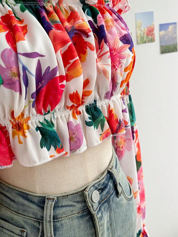 Romantic Watercolor Floral Off-Shoulder Short Bubble Sleeve Blouse