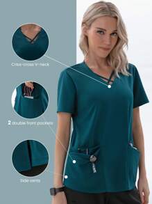TaskEZ Top de limpieza cruzada con 4 bolsillos para mujer