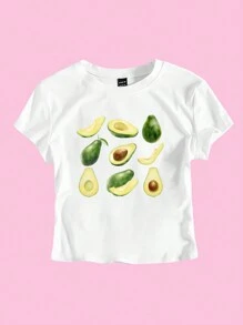 SHEIN EZwear Áo phông hở rốn cho nữ mùa hè in hình quả bơ in hình em bé - trắng - Xem 1