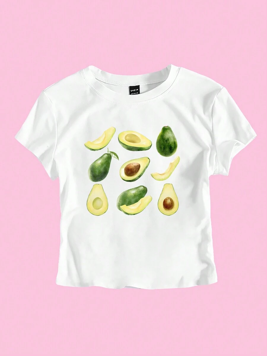 SHEIN EZwear Áo phông hở rốn cho nữ mùa hè in hình quả bơ in hình em bé - trắng - Xem 1