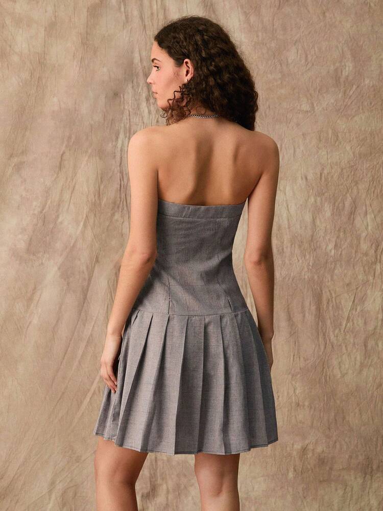 Women Grid Check Pleated Hem Strapless Dress For Vacation And Leisure