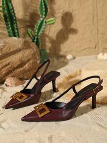 On feet& in love 2025秋冬新款女士优雅尖头套脚高跟鞋，金属搭扣装饰，百搭礼服鞋，适合搭配连衣裙和参加婚礼，优雅时尚 - 酒紅色 - 查看 6