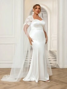 SHEIN Belle Plus Size Đơn giản nhưng sang trọng Khăn choàng siêu dài tay thêu hoa, Váy cưới đuôi cá thanh lịch và độc đáo - trắng - Xem 5