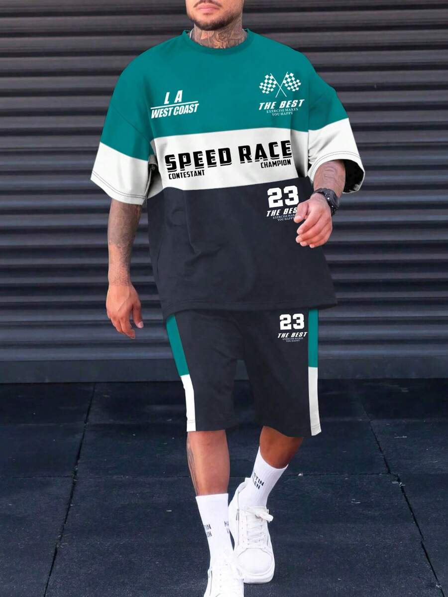 Manfinity LEGND Men's Plus Size Letter Printed Color Block T-Shirt And Shorts Set - Green - View 1