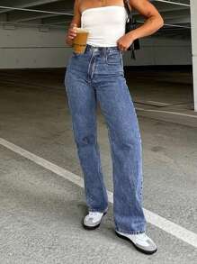 Vaqueros rectos de corte slim versátiles y combinables - Azul lavado oscuro - Ver 6