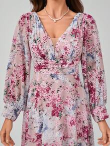 SUPGIR [Random Cut Flower Pattern]V-Neck Chiffon Dress With Split Sleeves, Waist Pleats, And Digital Printed Wonderland Garden Rose Print, Elegant And Graceful Long Dress. - Dusty Pink - View 8