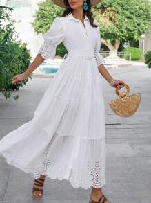EURMUSE Embroidered Ruffle Hem Puff Sleeve Lapel Shirt Dress - White - View 2