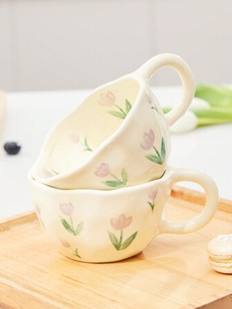 SHEIN 1st Kaffemuggar Keramiska Muggar Kaffekoppar Handklämda Asymmetrisk Blommjölk Tekopp Ins Koreansk stil Havregrynsfrukostmugg Dryckesgods Kök Jul Till Jul Gåva Ge