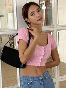 DAZY Women Knitted Plain Simple Short Sleeve Cropped Top - Pink - View 2