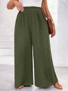 Flirla Plus Size Women Solid Color Simple And Concise Pleated Design Wide Leg Pants - Army Green - View 6
