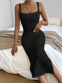 SHEIN Privé Women Texture Fabric Spaghetti Strap Slit Dress - Black - View 3