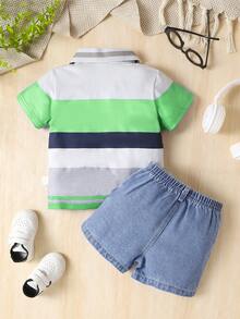 Conjunto de camisa polo de manga curta listrada e combinada com bloco de cores impresso e shorts Denim rasgado sólido para bebês meninos de verão - Multicolorido - Visão 2