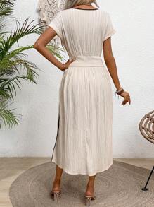 Chiquease V-Neck Two-Tone Trimmed Short Sleeve Dress With Thigh-High Slit - Apricot - View 2