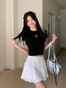 女士蝴蝶结印花短袖圆领休闲 T 恤，春夏 - 黑色 - 查看 4