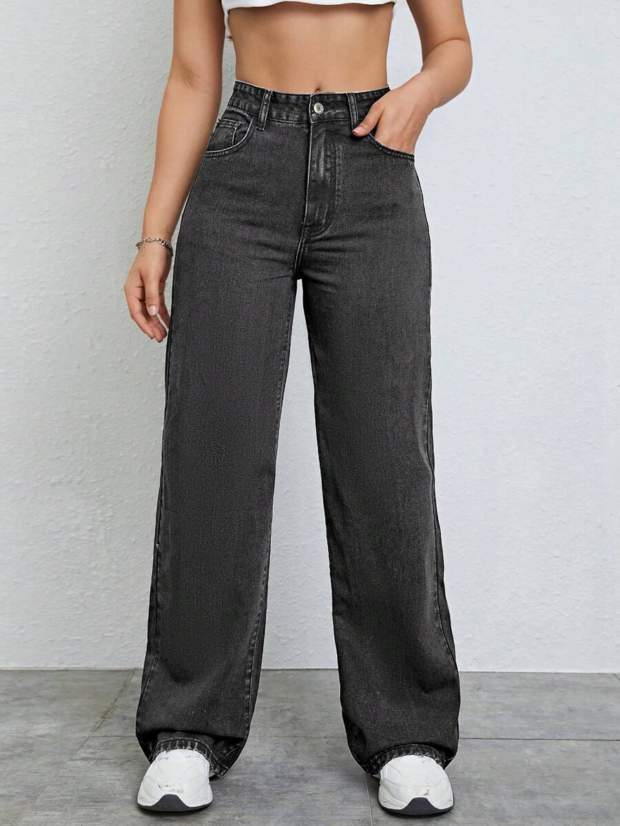 SHEIN ICON Casual Straight Leg Jeans With Washed Finish