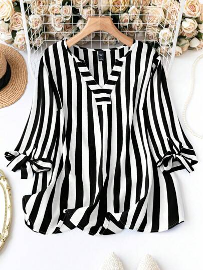 SHEIN Clasi Plus Size Women Loose Striped Shirt With Notched V-Neckline, Tie Front And Short Sleeves For Spring And Summer Fall