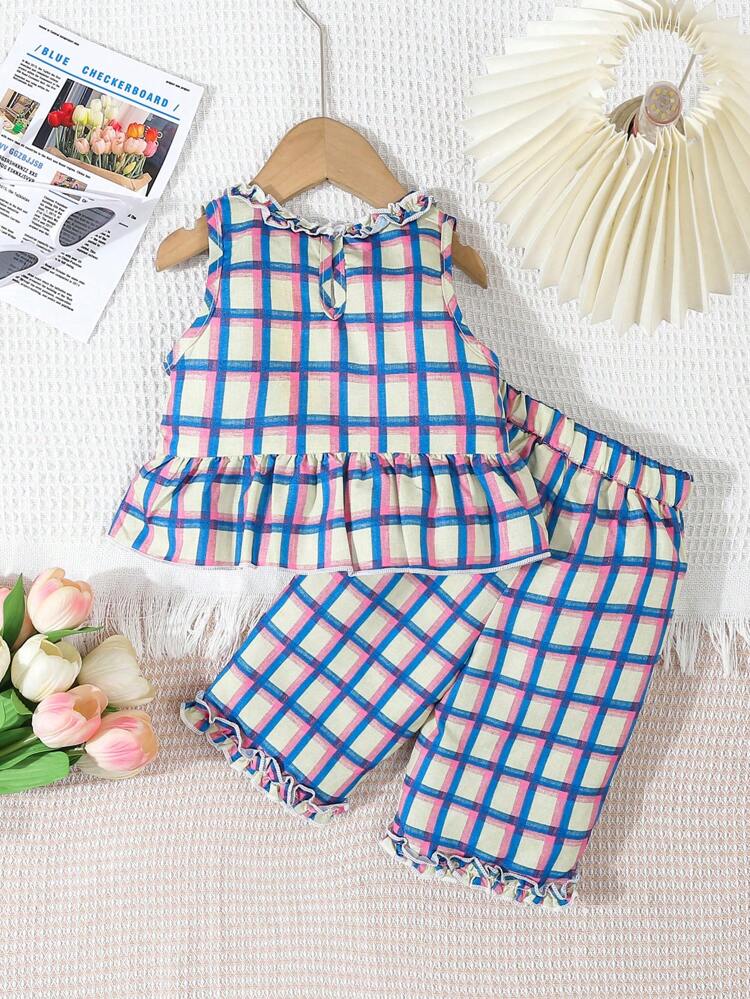 Baby Girl Round-Neck Plaid Sleeveless Top And Pants Set