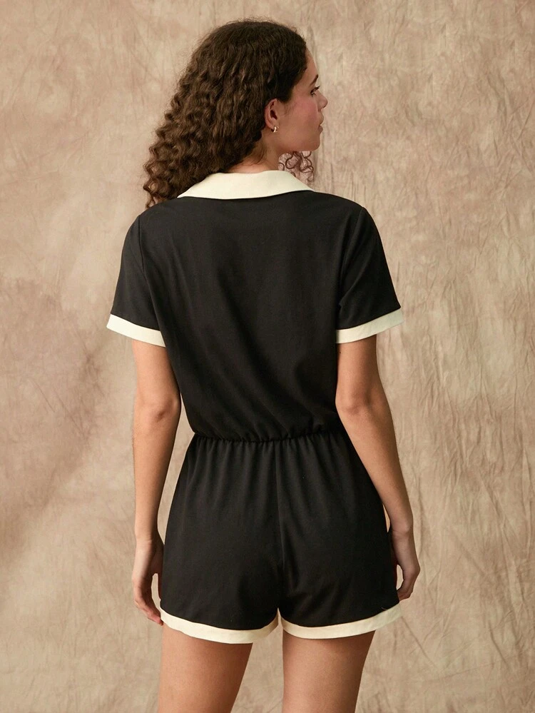 Women's Summer Color Block Casual Loose Fit Short Sleeve Playsuit With Turn-Down Collar