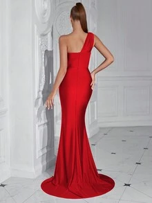 ADYCE Vestido de cóctel para fiesta con un solo hombro, con doblez y ribete de volantes - Rojo - Ver 2