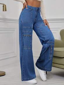 Women's Pockets Spliced Zipper Cargo Straight Leg Jeans - Medium Wash - View 5