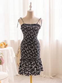 Soleia Floral Print Shirred Detail Spaghetti Strap Dress