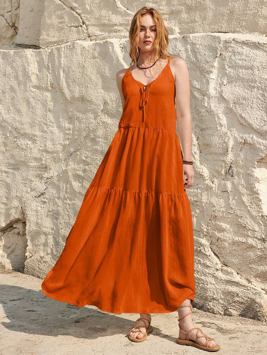 Bohemela Women Fashionable Solid Color A-Line Strap Holiday Cami Dress - Orange - View 1