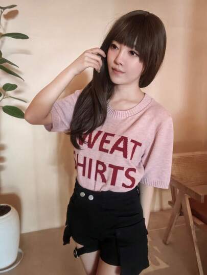 2024 Spring New Women Knitted Short-Sleeved Korean-Style Knitted Top With Design Sense Letters