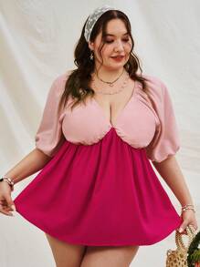 Dreamara Plus Size Holiday V-Neck Bubble Sleeve Shirt