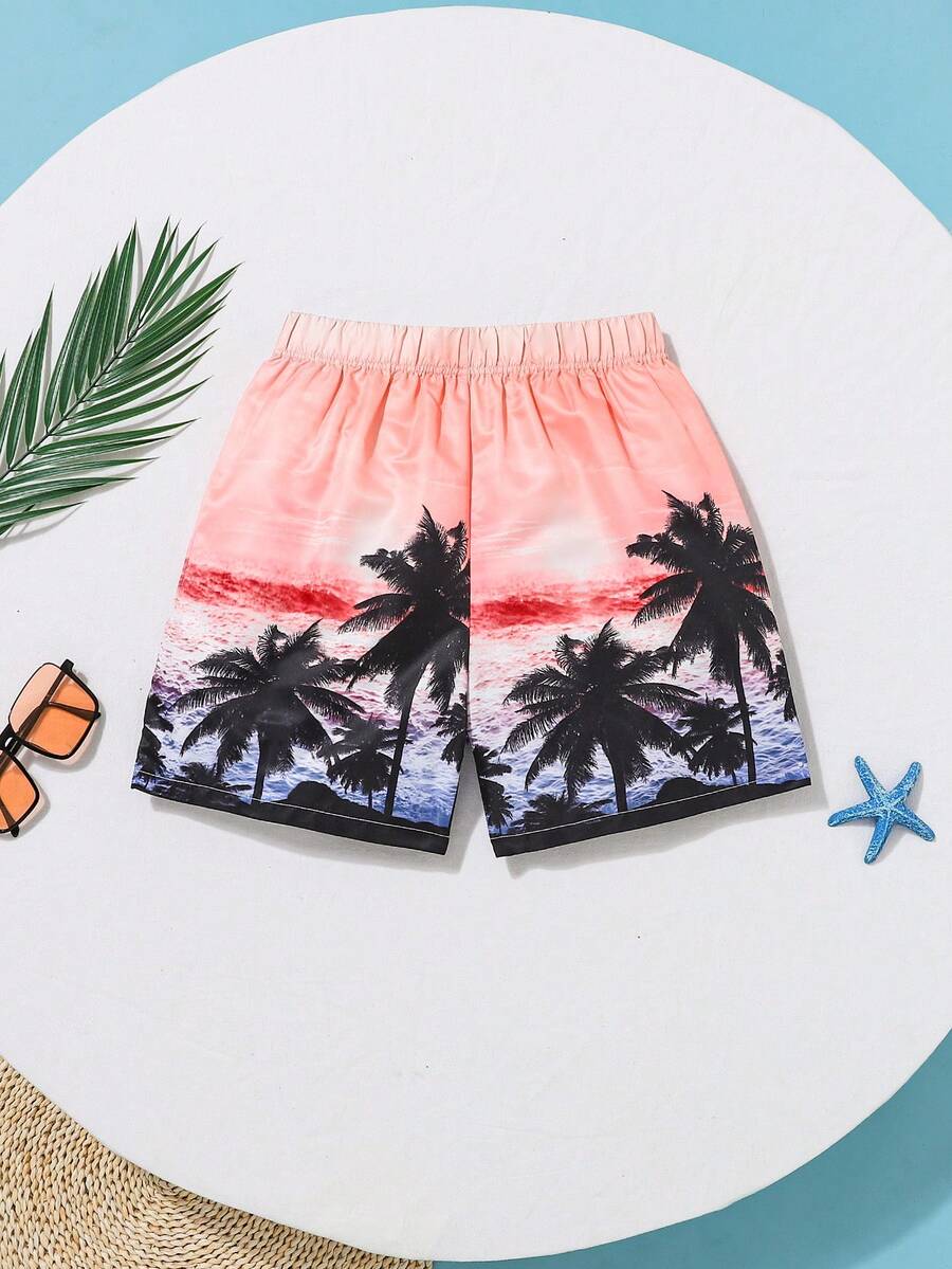 SHEIN Teen Boys Casual Tropical Plant Printed Beach Swim Trunks for