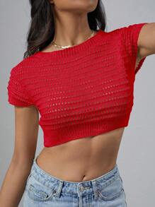 SHEIN Unity Women Short Knitted Casual Slim Top For Spring/Summer - Red - View 4