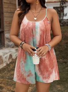 SHEIN LUNE Plus Size Women Casual Tie-Dye Pattern Sleeveless Spaghetti Strap Romper For Summer - Multicolor - View 5