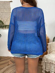 SHEIN VCAY 大尺碼寬鬆剪裁密針針空洞鉤花毛衣,長袖圓領款式 - 藍色 - 查看 2