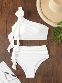 SHEIN Swim Phụ nữ đi biển mùa hè Bộ bikini 3D trang trí hoa rắn Một vai - trắng - Xem 6