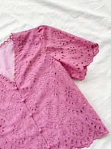 Soleia 粉色面料繡花拼接浪邊和蕾絲飾邊，浪漫休閒假日女士襯衫 - 粉色 - 查看 5