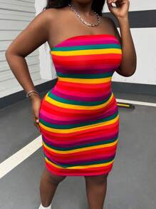 SHEIN Coolane Women Plus Size Rainbow Striped Printed Tube Bodycon Fashion Dress For Summer