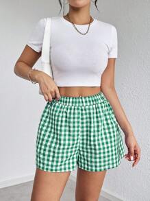 SHEIN Essnce 女式時尚寬鬆格紋休閒短褲 - 綠色 - 查看 3