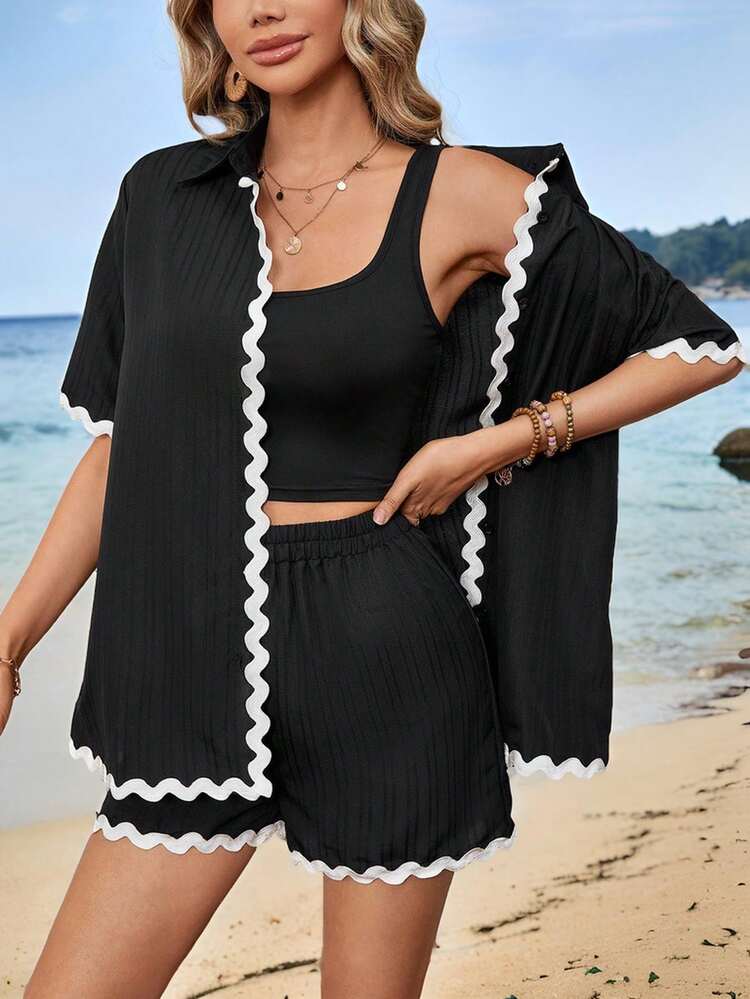 3pcs/Set Women's Plain Casual Cami Top, Contrast Edge Shorts, And Short Sleeve Shirt Jacket Combo
