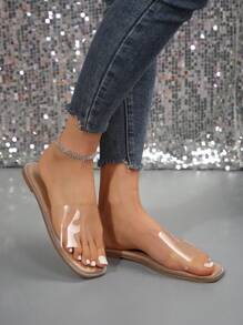 Zapatillas para mujer 2024 nuevas sandalias transparentes de talla grande con fondo plano y pedrería para uso exterior