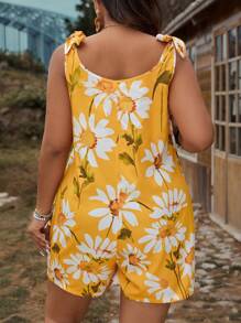 SHEIN LUNE 大码女式花卉印花度假风格宽肩带连体衣，适合夏季 - 黃色 - 查看 2