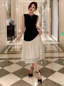 DAZY Robe sans manches à couleurs bloquées simple pour femmes, robe d'été pour anniversaire, Nouvel An, robe de soirée élégante pour femmes - Noir et Blanc - Voir 1