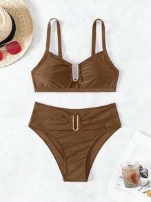 SHEIN Swim 女士夏季海灘無線胸罩和泳裤比基尼套裝，度假必備泳衣 - 咖啡棕 - 查看 8