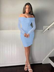 Firerie Ladies Beaded Off-Shoulder Bodycon Dress - Baby Blue - View 5