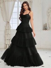 SHEIN Belle Women Heavy Industry Bone Detailing Ruched Bust Layered Mesh Cake Dress Formal Ball Gown For Women For Formal Dinner Party