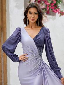 YISIKADO Women Evening Party Dress With Lantern Sleeves, Sequins, V-Neck, Open Back, Ombre Color And High Slit Elegant Long Sleeve Formal Prom Wedding Guest Gown, For Graduation, Dinner